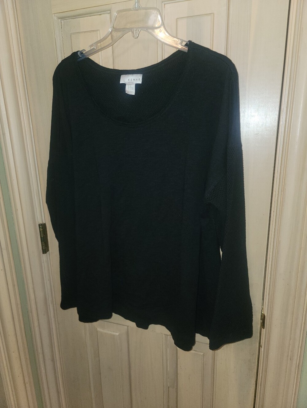 Kenar Black Lightweight Knit Scoop-Neck Shirt Womens Plus Sz 2X Fishnet Sleeves